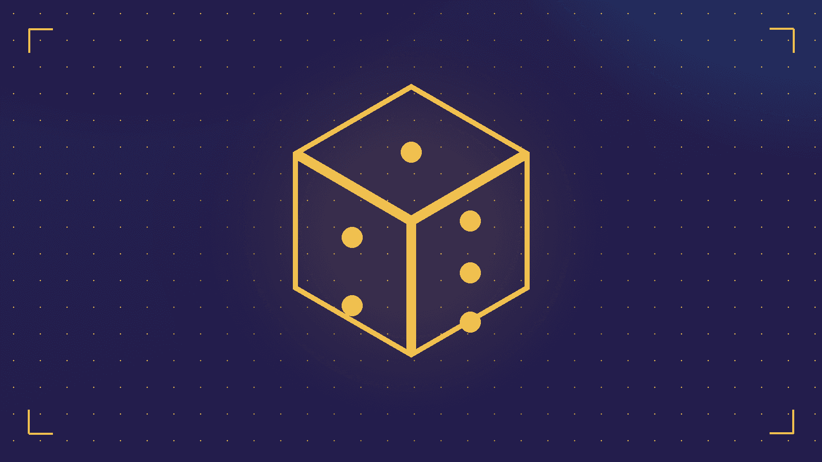 A large gold line-art die on a twilight navy background