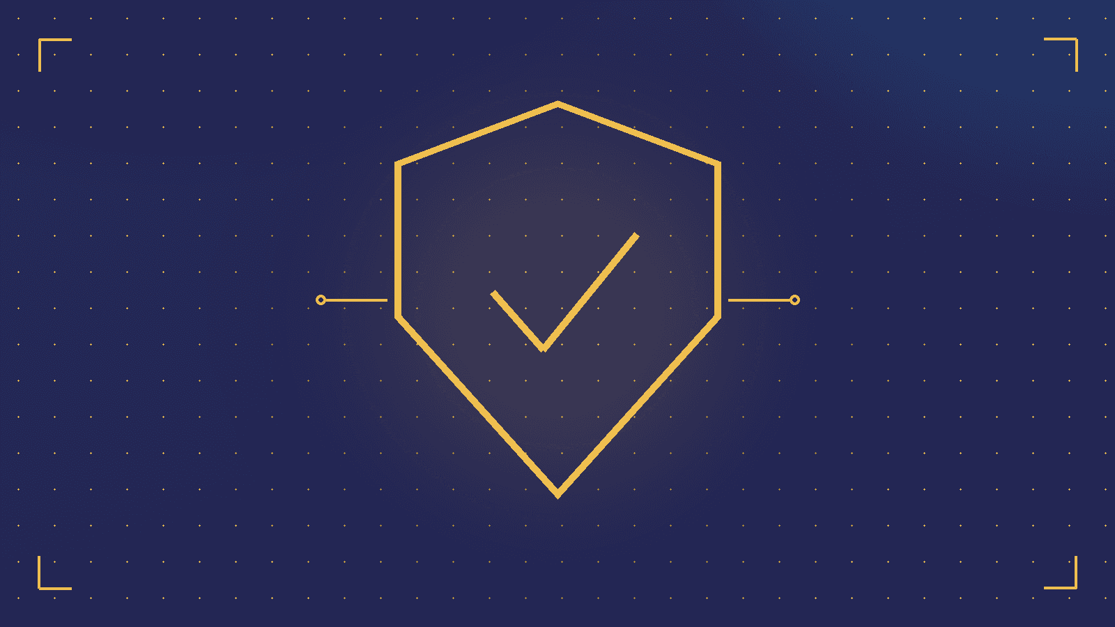 A gold line-art shield with a checkmark, connected by network nodes